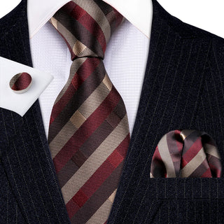 Brown Red Tan Striped Silk Necktie Pocket Square Cufflinks Set