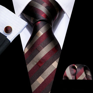 Brown Red Tan Striped Silk Necktie Pocket Square Cufflinks Set