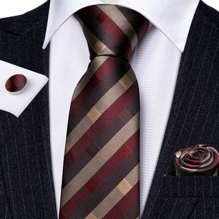 Brown Red Tan Striped Silk Necktie Pocket Square Cufflinks Set
