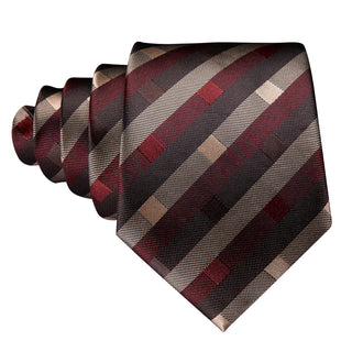 Brown Red Tan Striped Silk Necktie Pocket Square Cufflinks Set