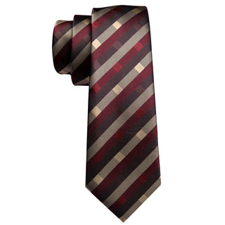 Brown Red Tan Striped Silk Necktie Pocket Square Cufflinks Set