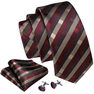 Brown Red Tan Striped Silk Necktie Pocket Square Cufflinks Set