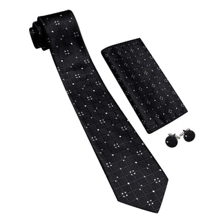 New Black White Plaid Silk Men's Necktie Pocket Square Cufflinks Set
