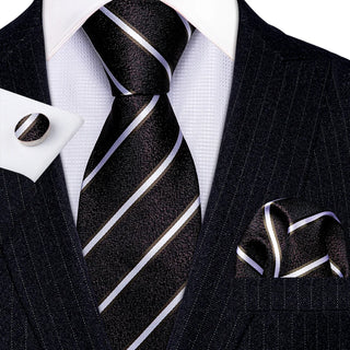 New Brown Black White Striped Silk Men's Necktie Pocket Square Cufflinks Set