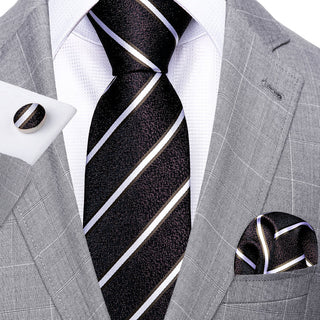 New Brown Black White Striped Silk Men's Necktie Pocket Square Cufflinks Set