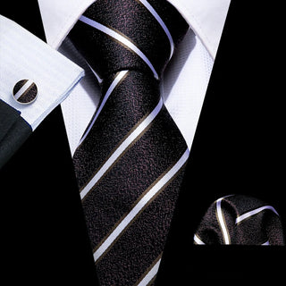 New Brown Black White Striped Silk Men's Necktie Pocket Square Cufflinks Set