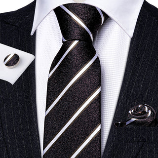 New Brown Black White Striped Silk Men's Necktie Pocket Square Cufflinks Set