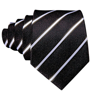 New Brown Black White Striped Silk Men's Necktie Pocket Square Cufflinks Set