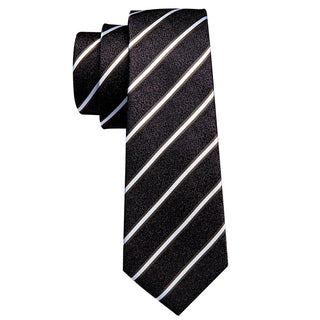 New Brown Black White Striped Silk Men's Necktie Pocket Square Cufflinks Set