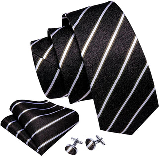 New Brown Black White Striped Silk Men's Necktie Pocket Square Cufflinks Set