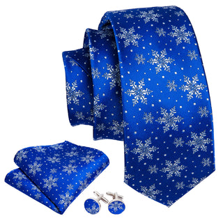 Christmas Blue White Snowflake Silk Necktie Pocket Square Cufflinks Set