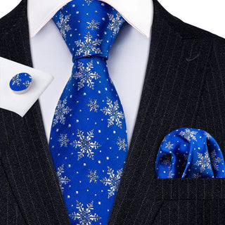Christmas Blue White Snowflake Silk Necktie Pocket Square Cufflinks Set