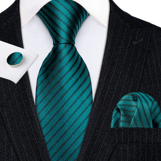 Teal Green Black Striped Silk Necktie Pocket Square Cufflinks Set