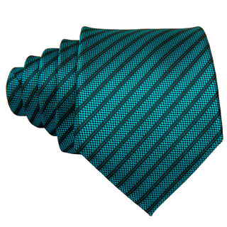 Teal Green Black Striped Silk Necktie Pocket Square Cufflinks Set