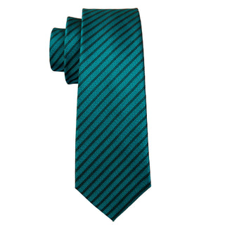 Teal Green Black Striped Silk Necktie Pocket Square Cufflinks Set