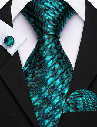 Teal Green Black Striped Silk Necktie Pocket Square Cufflinks Set