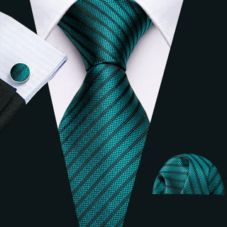 Teal Green Black Striped Silk Necktie Pocket Square Cufflinks Set