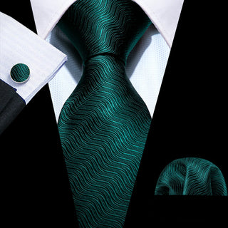 Solid Green Geometric Silk Necktie Pocket Square Cufflinks Set