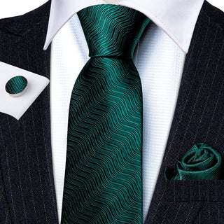 Solid Green Geometric Silk Necktie Pocket Square Cufflinks Set