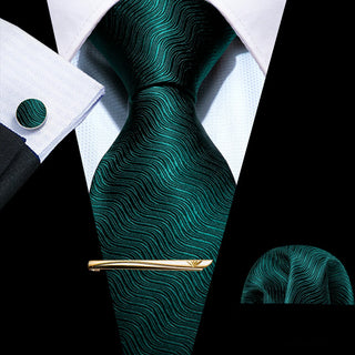 Solid Green Geometric Silk Necktie Pocket Square Cufflinks Set