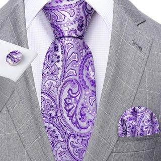 Lavender Purple Paisley Silk Necktie Pocket Square Cufflinks Set