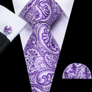 Lavender Purple Paisley Silk Necktie Pocket Square Cufflinks Set