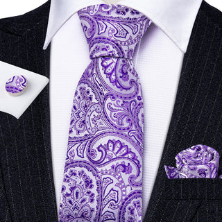 Lavender Purple Paisley Silk Necktie Pocket Square Cufflinks Set
