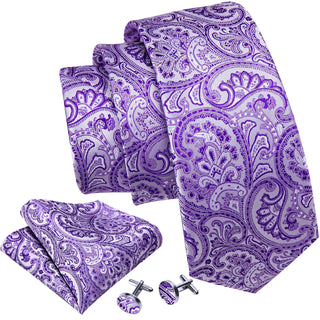 Lavender Purple Paisley Silk Necktie Pocket Square Cufflinks Set