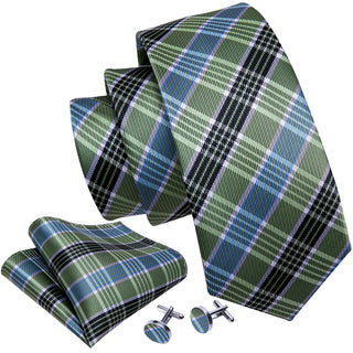 Green Blue Checkered Striped Silk Men's Necktie Pocket Square Cufflinks Set