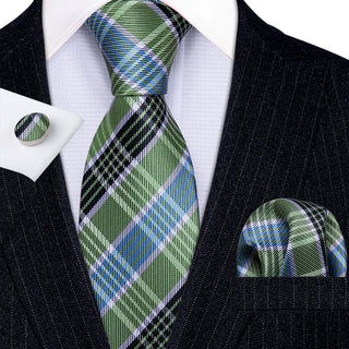 Green Blue Checkered Striped Silk Men's Necktie Pocket Square Cufflinks Set