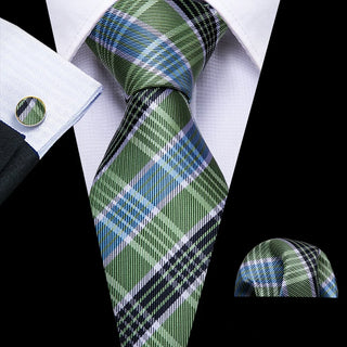 Green Blue Checkered Striped Silk Men's Necktie Pocket Square Cufflinks Set