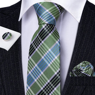 Green Blue Checkered Striped Silk Men's Necktie Pocket Square Cufflinks Set