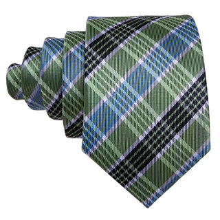 Green Blue Checkered Striped Silk Men's Necktie Pocket Square Cufflinks Set