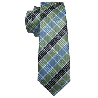 Green Blue Checkered Striped Silk Men's Necktie Pocket Square Cufflinks Set