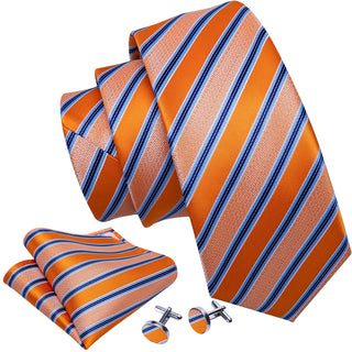 Novelty Orange Blue Striped Silk Necktie Pocket Square Cufflinks Set