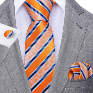 Novelty Orange Blue Striped Silk Necktie Pocket Square Cufflinks Set