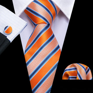 Novelty Orange Blue Striped Silk Necktie Pocket Square Cufflinks Set