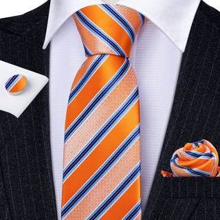 Novelty Orange Blue Striped Silk Necktie Pocket Square Cufflinks Set