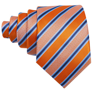 Novelty Orange Blue Striped Silk Necktie Pocket Square Cufflinks Set