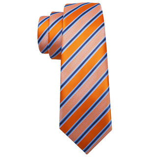 Novelty Orange Blue Striped Silk Necktie Pocket Square Cufflinks Set