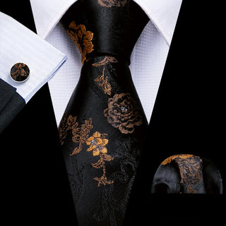 New Black Brown Jacquard Floral Silk Necktie Pocket Square Cufflinks Set