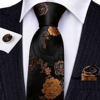 New Black Brown Jacquard Floral Silk Necktie Pocket Square Cufflinks Set
