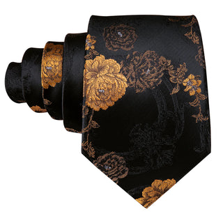 New Black Brown Jacquard Floral Silk Necktie Pocket Square Cufflinks Set