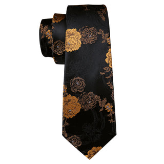 New Black Brown Jacquard Floral Silk Necktie Pocket Square Cufflinks Set