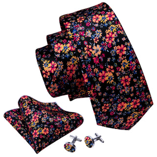 Black Colorful Floral Silk Necktie Pocket Square Cufflinks Set