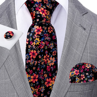 Black Colorful Floral Silk Necktie Pocket Square Cufflinks Set