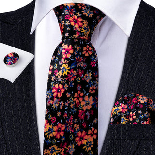 Black Colorful Floral Silk Necktie Pocket Square Cufflinks Set