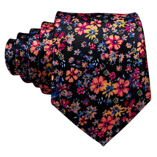 Black Colorful Floral Silk Necktie Pocket Square Cufflinks Set