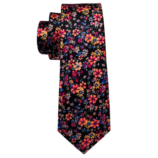 Black Colorful Floral Silk Necktie Pocket Square Cufflinks Set