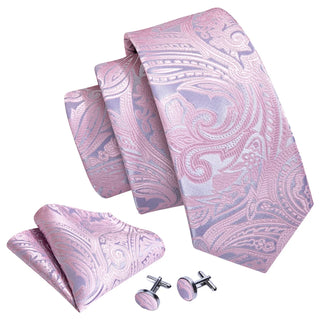 New Light Pink Silver Paisley Silk Men's Necktie Pocket Square Cufflinks Set